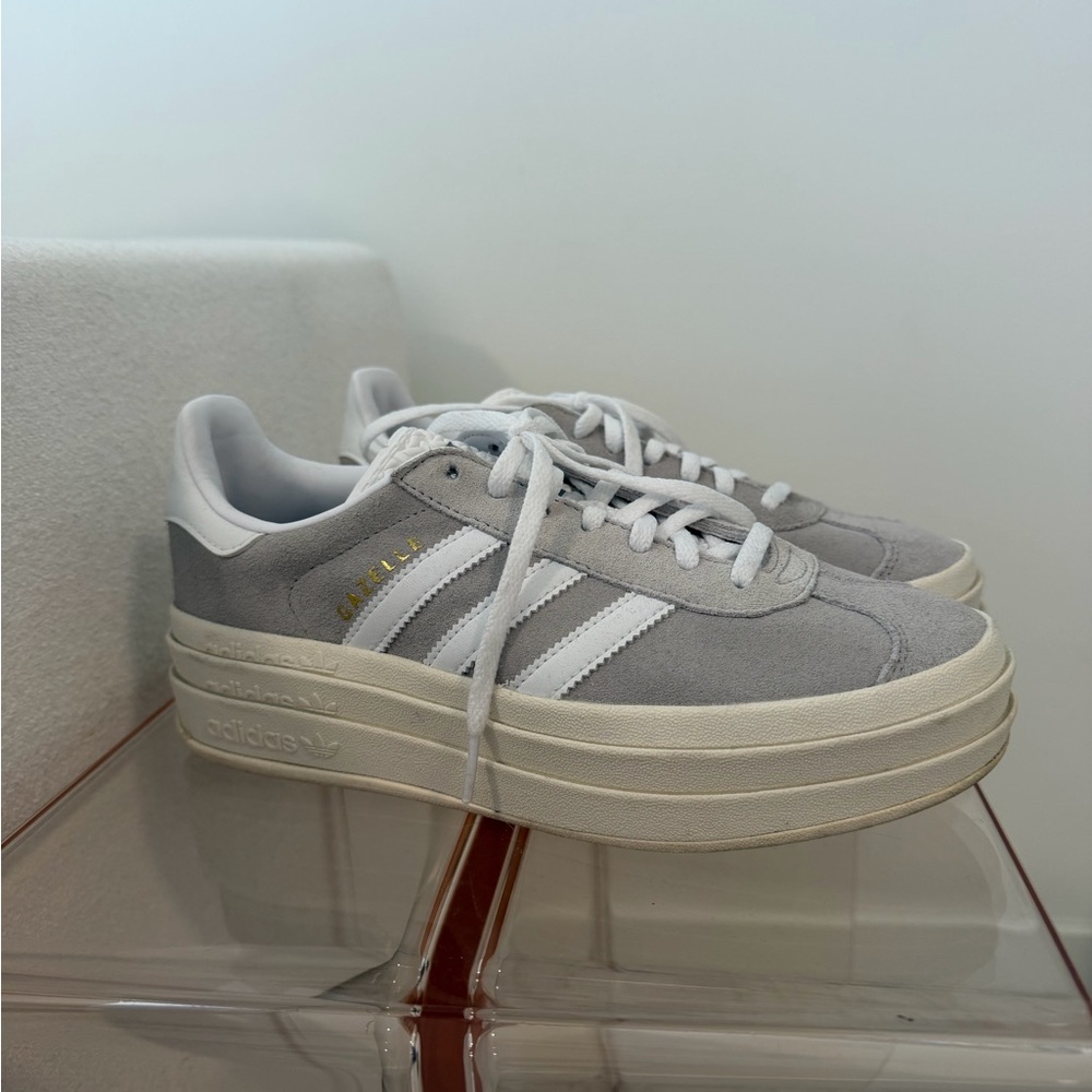 adidas Women's Light Gray Suede Platform Sneakers with White Stripes